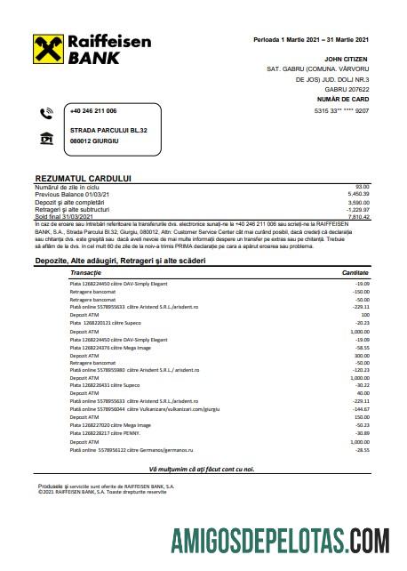 modelo de extrato bancário Romênia Raiffeisen em branco em formato Excel e PDF (em romeno)
